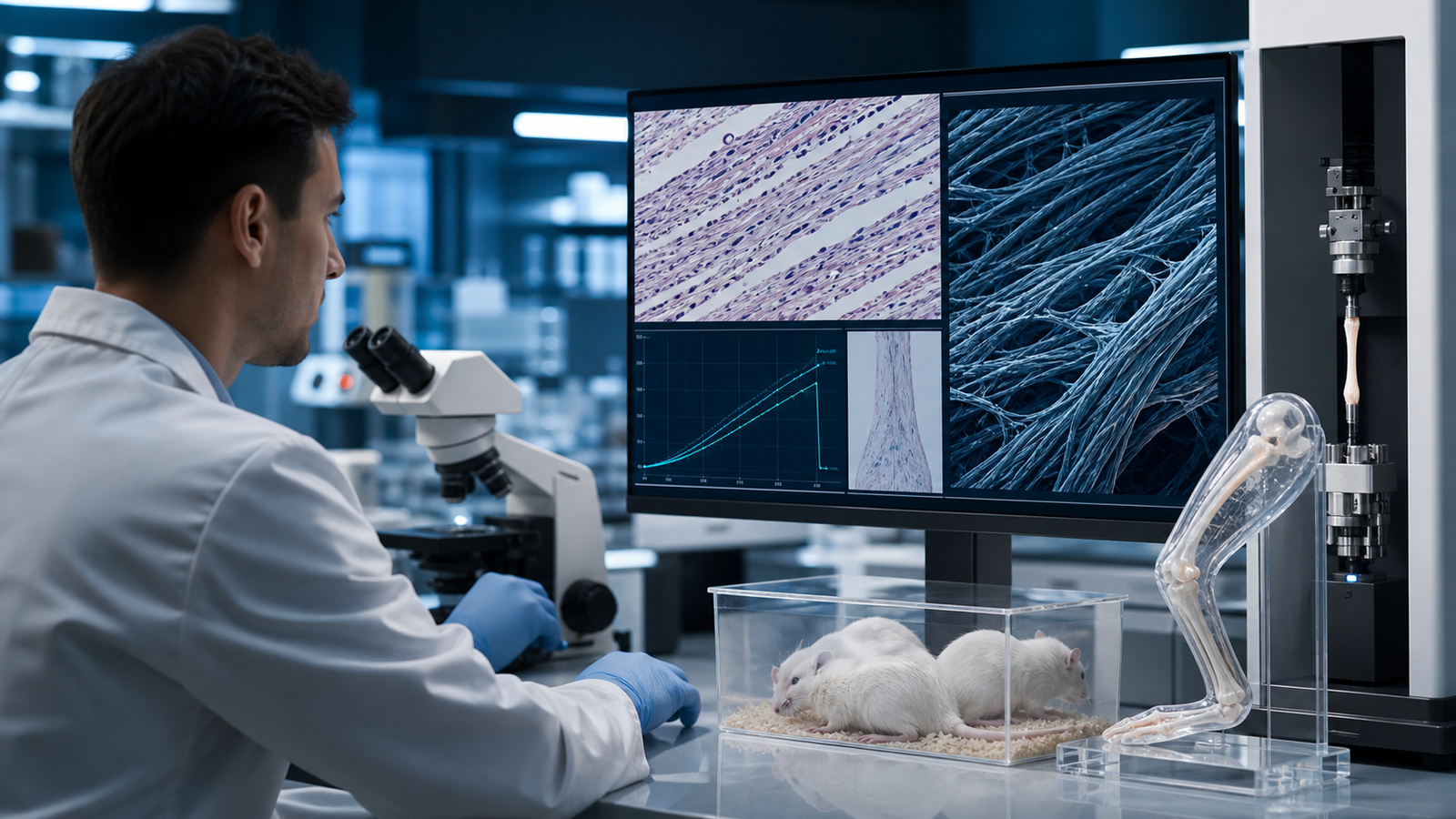 研究人员在临床前实验室审查肌腱组织学和生物力学测试数据