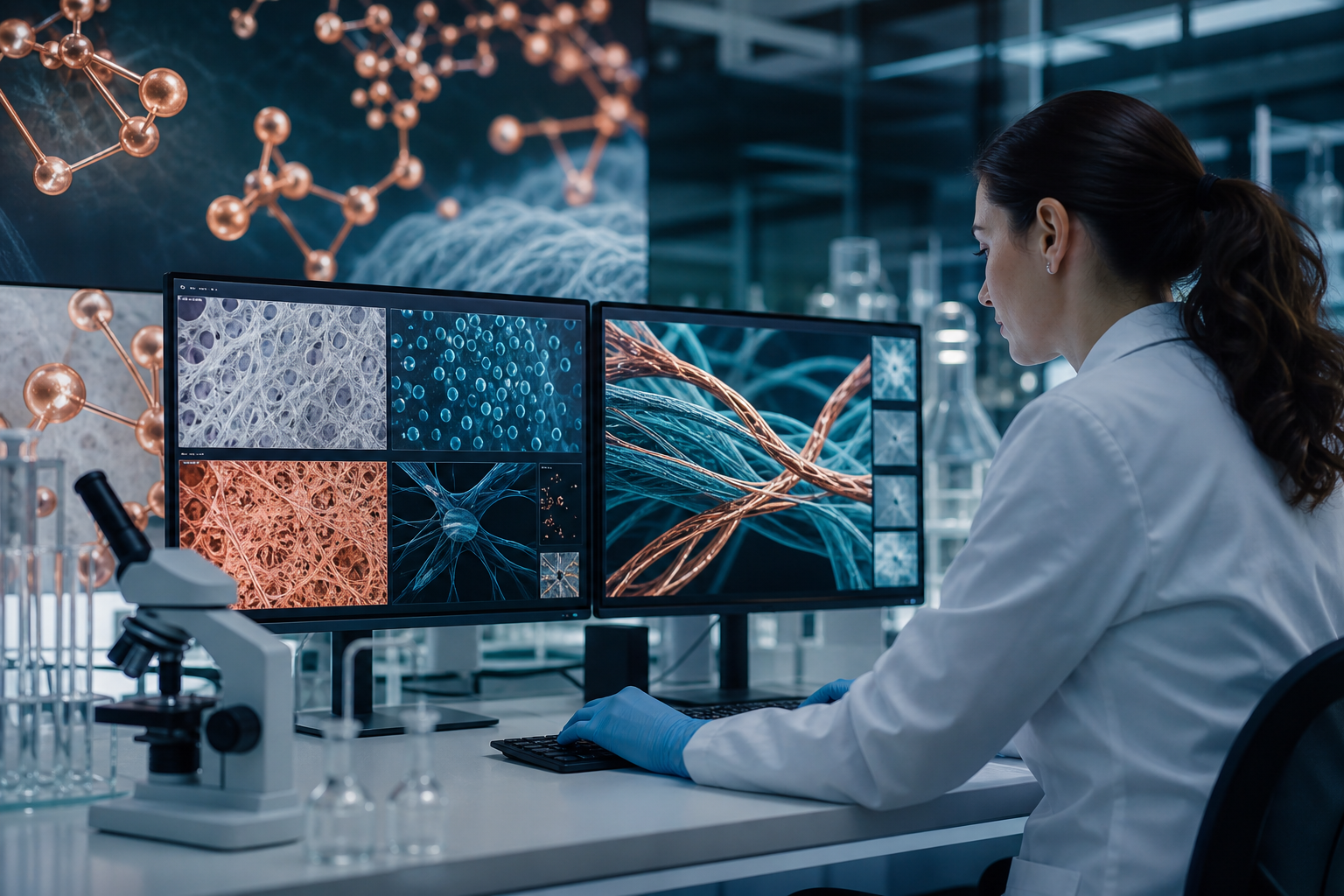 Wissenschaftler überprüft Hautzellmikroskopie und extrazelluläre Matrixanalyse