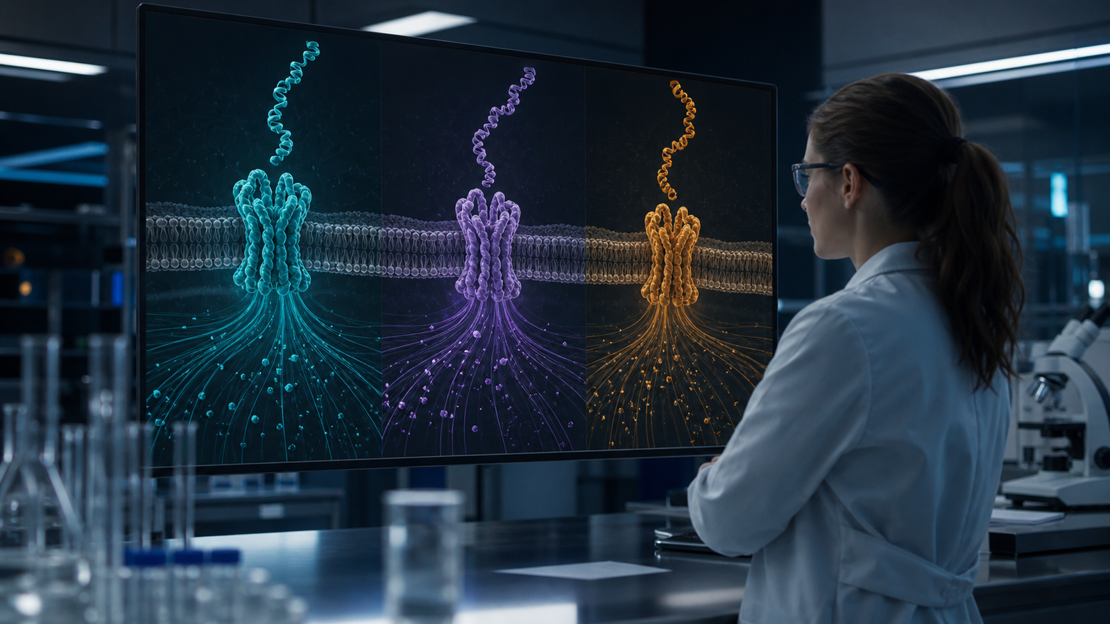 Researcher reviewing three peptide receptor signaling pathways in a molecular biology laboratory