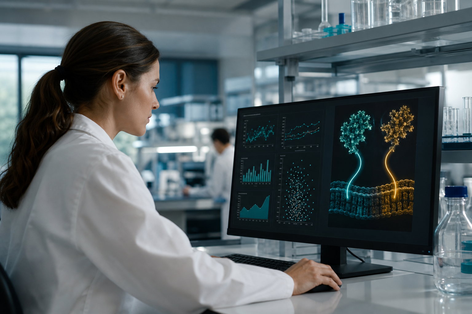 Scientist reviewing metabolic trial data and two receptor-signaling pathways
