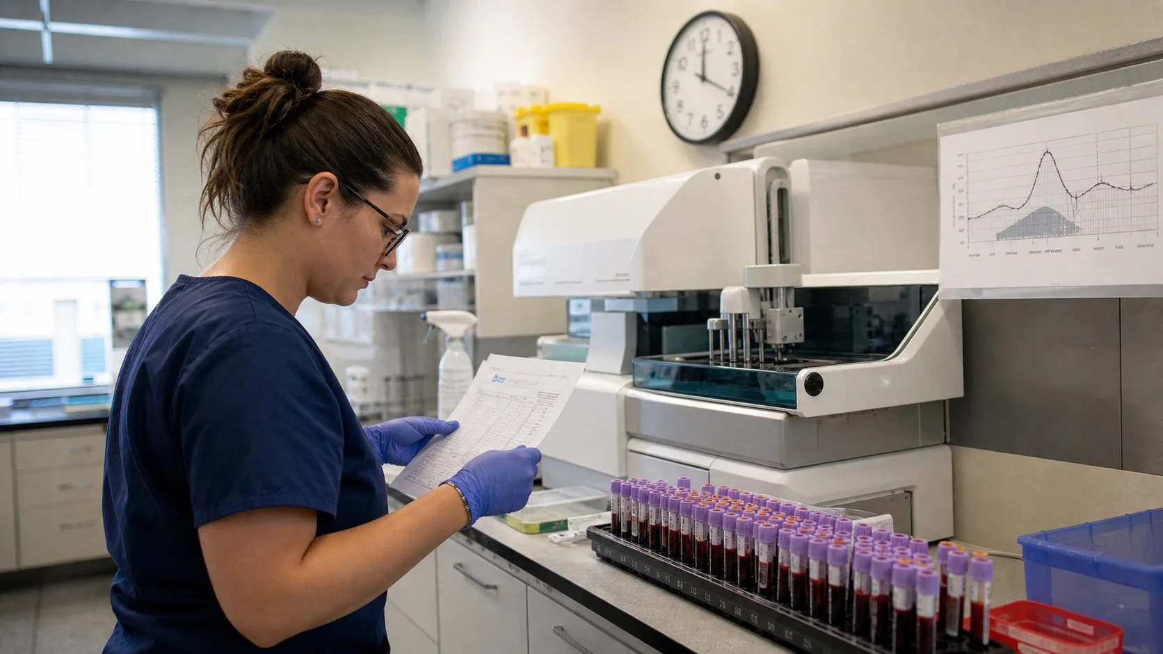 Documentary endocrine laboratory reviewing timed hormone samples