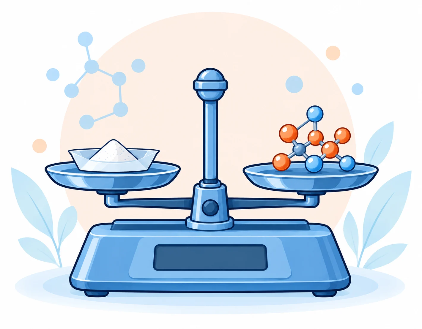 Cartoon balance connecting sample mass with amount of substance