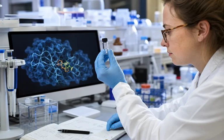 NNMT 分子モデルの横でペプチドサンプルを調べる研究者