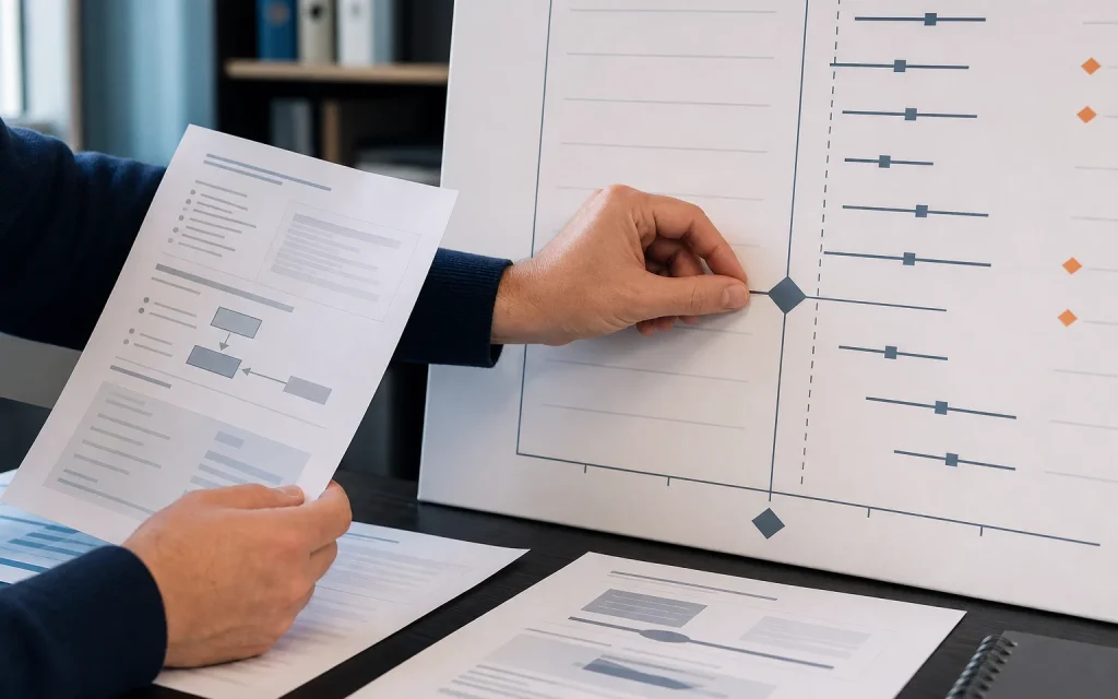 Der Analytiker platziert einen neutralen Marker auf einer Lehrtafel mit den Ergebnissen der Versuche