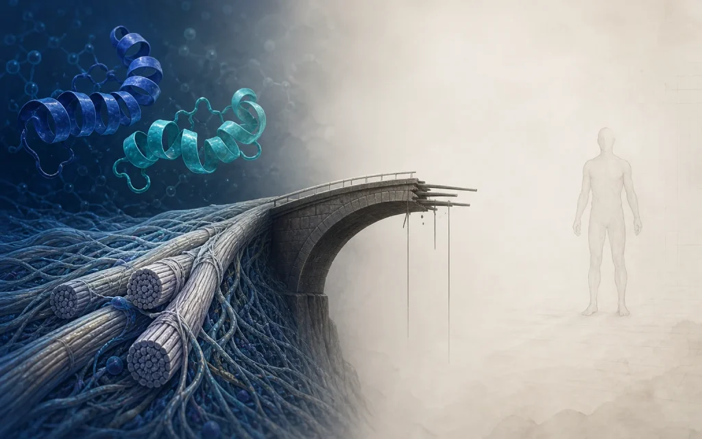 Scientific illustration of peptide tendon research and the human evidence gap