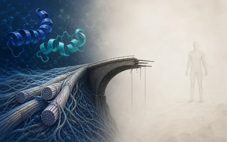 Scientific illustration of peptide tendon research and the human evidence gap