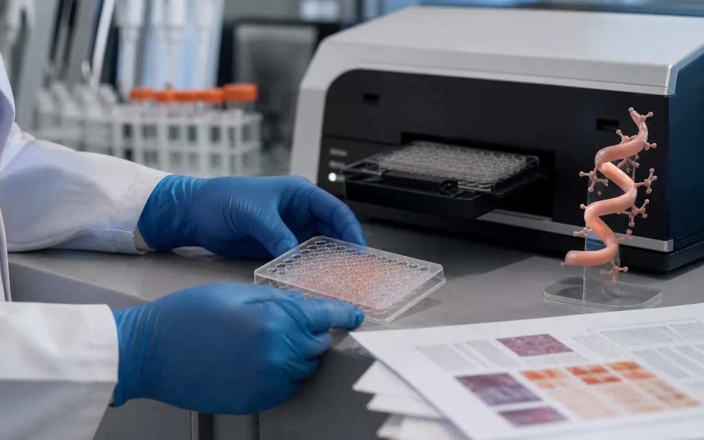 Researcher preparing a microplate for an amylin peptide assay