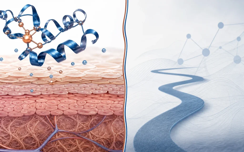 Wissenschaftliche Illustration, die aktuelle Peptidevidenz mit einer Evidenzlücke vergleicht