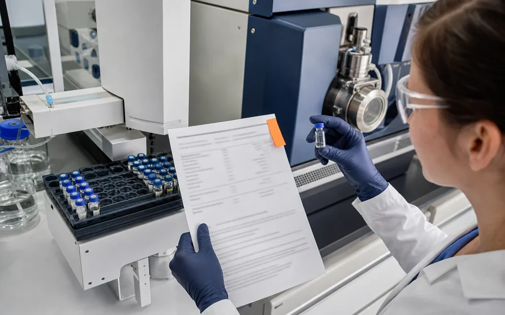 Analytical laboratory review of a sample vial and quality documentation