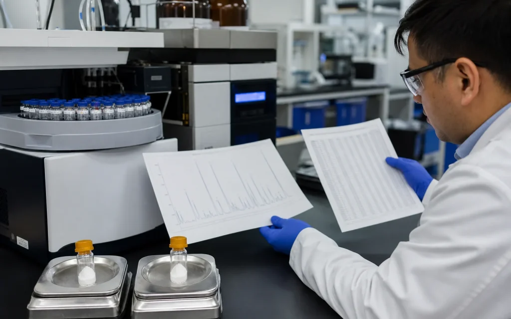 HPLC-Instrument, Probenwaage und analytischer Arbeitsblattvergleich