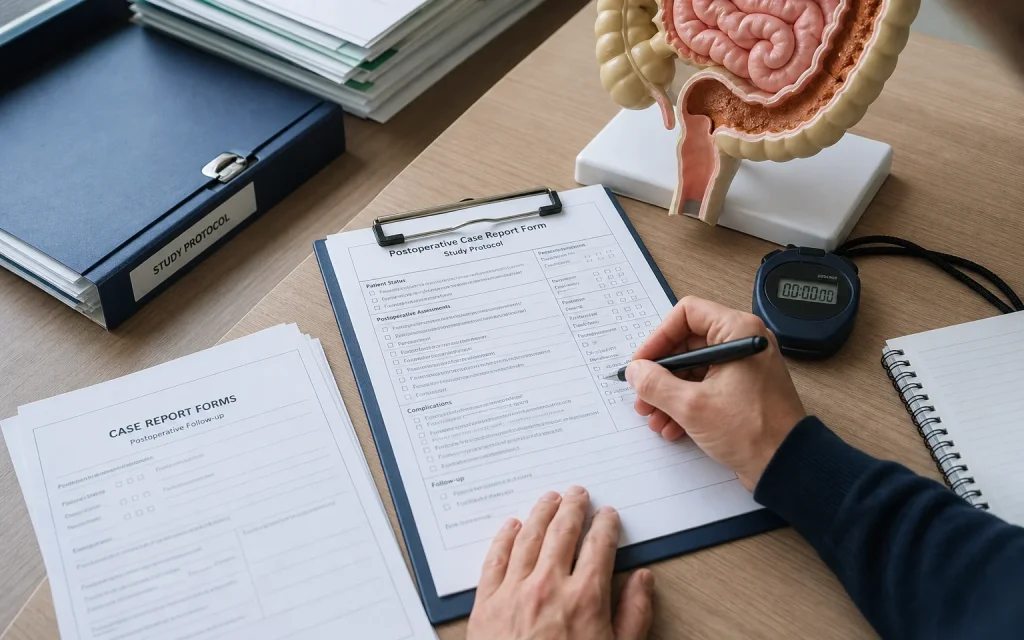 Documentos de ensaio pós-operatório ao lado de um modelo de ensino gastrointestinal
