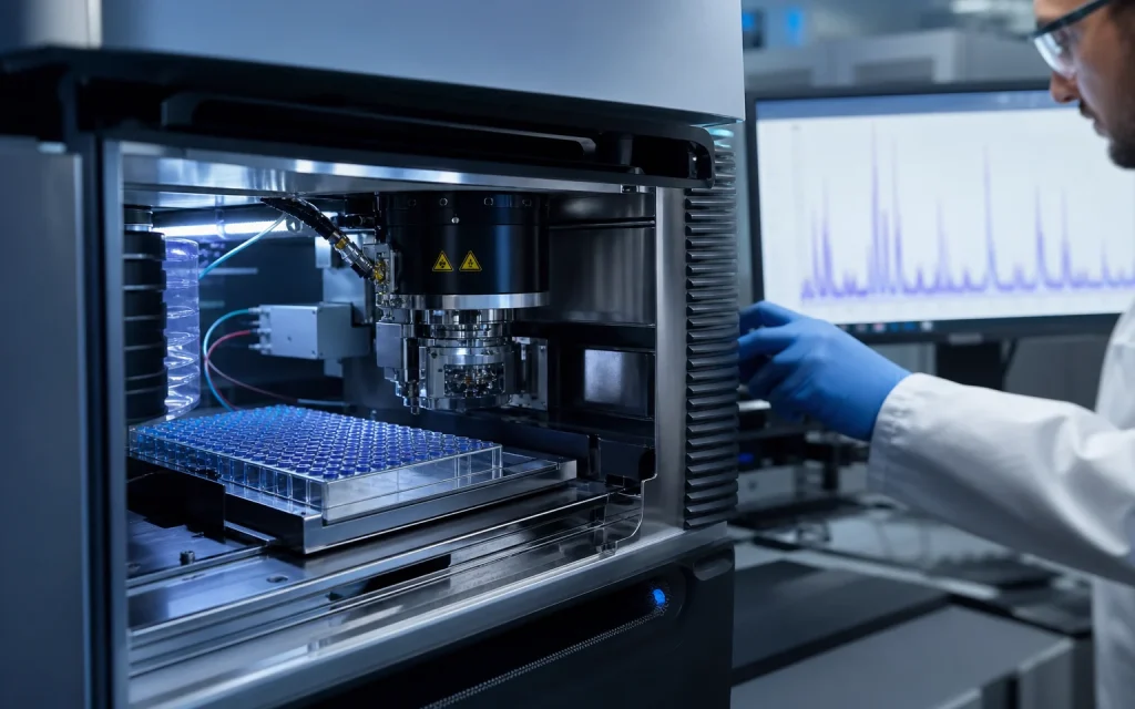 LC-MS instrument and peptide sample plate in an analytical laboratory