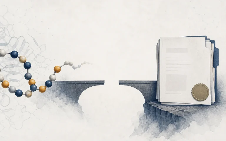 Conceptual illustration of a peptide sequence label and a human evidence gap