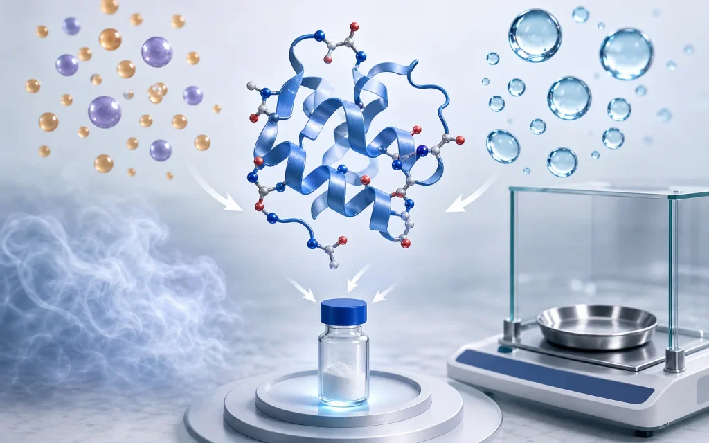 Illustration of peptide counterions, water, solvent and net content