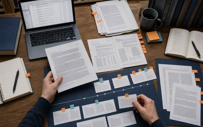 Researcher organizing trial papers into an evidence timeline