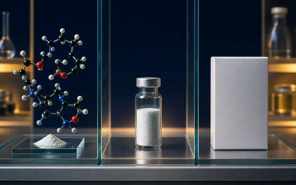 El modelo molecular, la muestra de investigación y el medicamento terminado se muestran por separado.