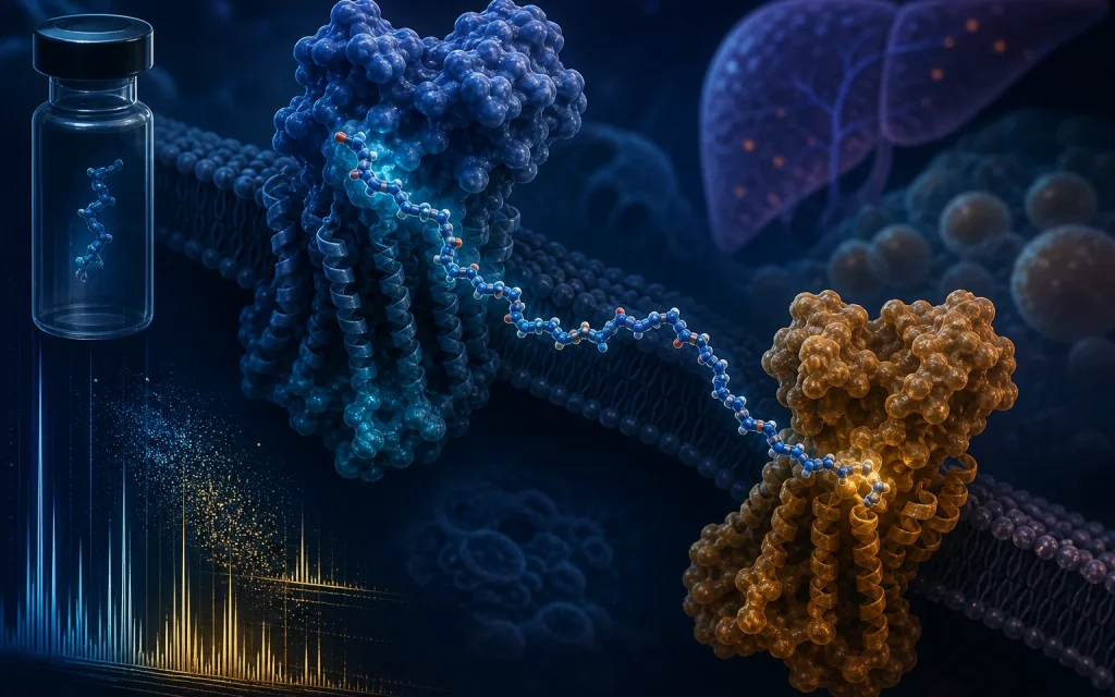 Wissenschaftliche Illustration der dualen Glucagon- und GLP-1-Rezeptorbiologie