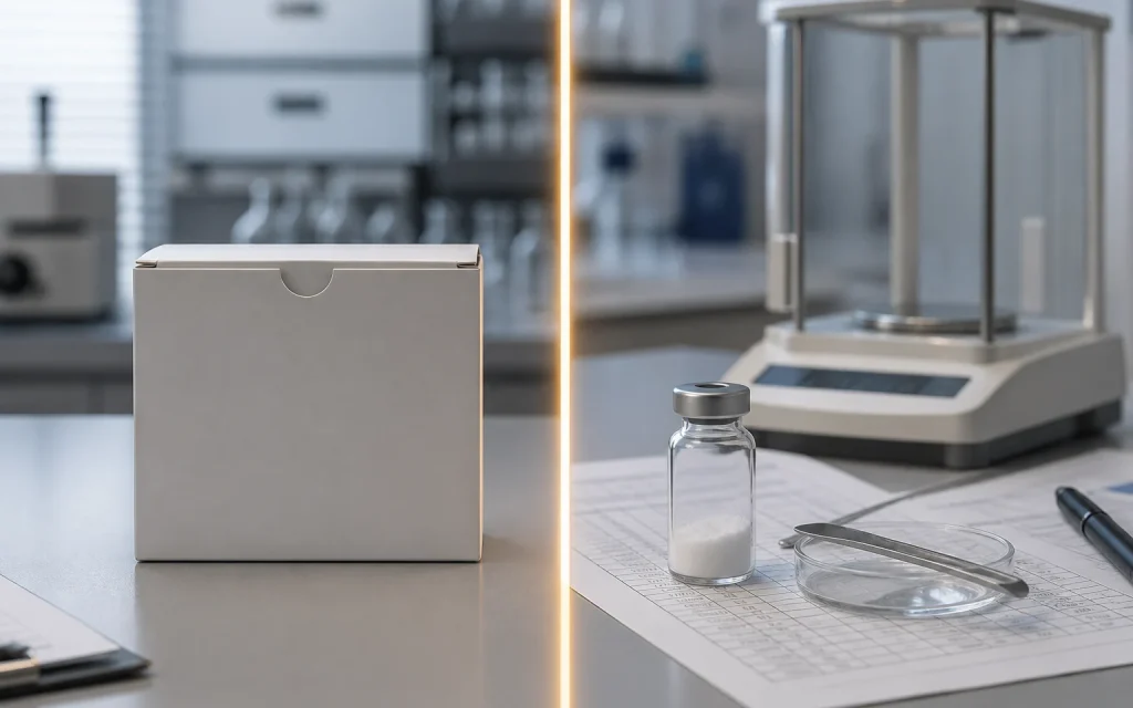Comparison of finished medicine packaging and research material documentation