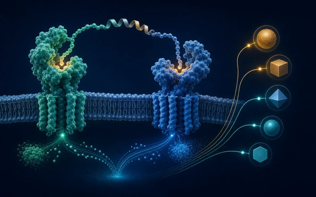 Scientific illustration of dual peptide receptor signaling