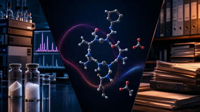 AI-generated illustration: Analytical distinction among PT-141 free base, acetate and finished formulation