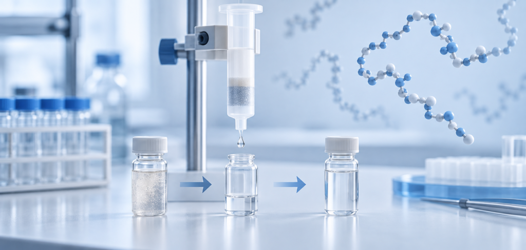 Conceptual illustration of a peptide sample cleanup workflow.