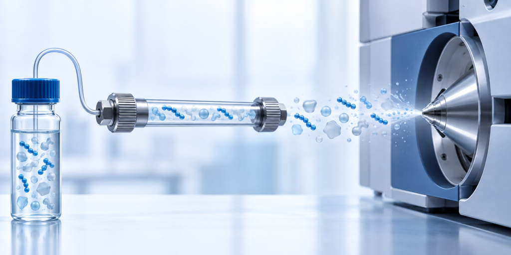Conceptual illustration of a peptide sample and matrix components entering LC–MS analysis.