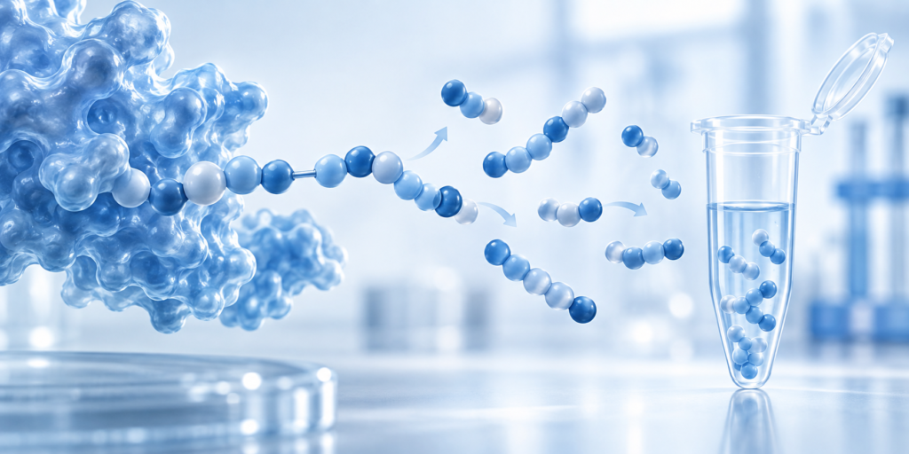 Konzeptionelle Darstellung eines Proteinstrangs und seiner Verdaufragmente