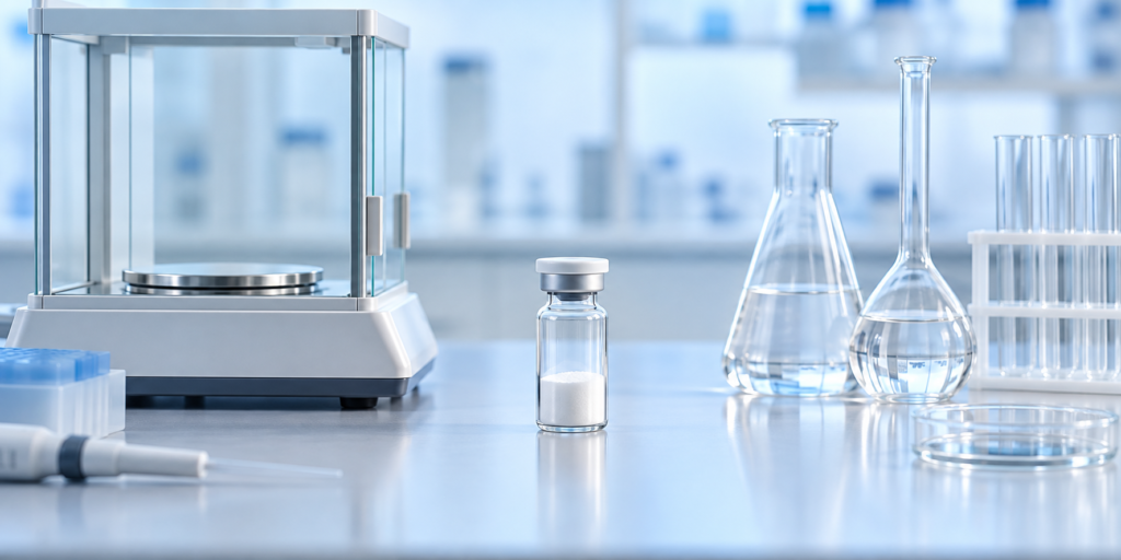 Konzeptionelle Darstellung von Referenzvial, Analysenwaage und Laborglas