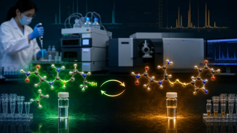 Ilustração gerada por AI: comparação analítica de laboratório de GSH reduzido e GSSG oxidado