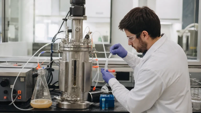 Illustration générée par AI : scène de laboratoire de caractérisation des protéines