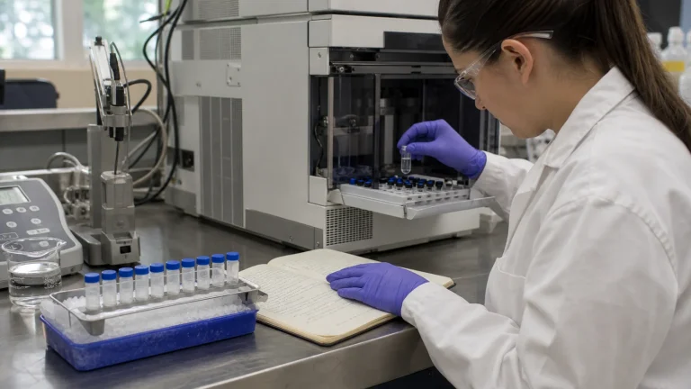 Ilustração gerada por AI: estabilidade de peptídeos e fluxo de trabalho HPLC