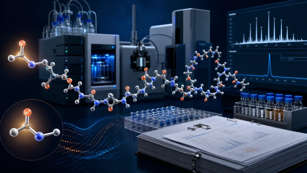 Von AI generierte Illustration: Analytische Laborvisualisierung eines acetylierten 28-Rest-Thymalfasin-Peptids
