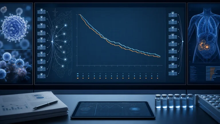 Von AI generierte Illustration: Datenvisualisierung einer multizentrischen zweiarmigen Sepsis-Studie mit nahezu überlappenden Ergebnissen